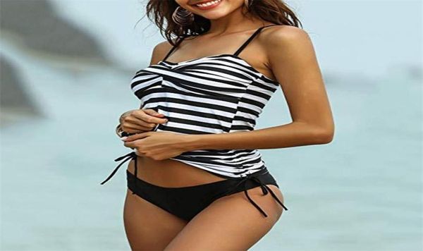 

summer women two piece swimwear stripe tankini set black white vintage swimsuit beach bathing suit 2106194306931, White;black