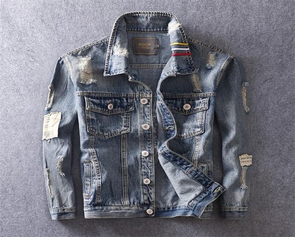 

fashion streetwear men jacket retro blue destroy ripped denim jacket men coat tiger embroidery stripe hip hop jean jacket hombre t6432468, Black;brown