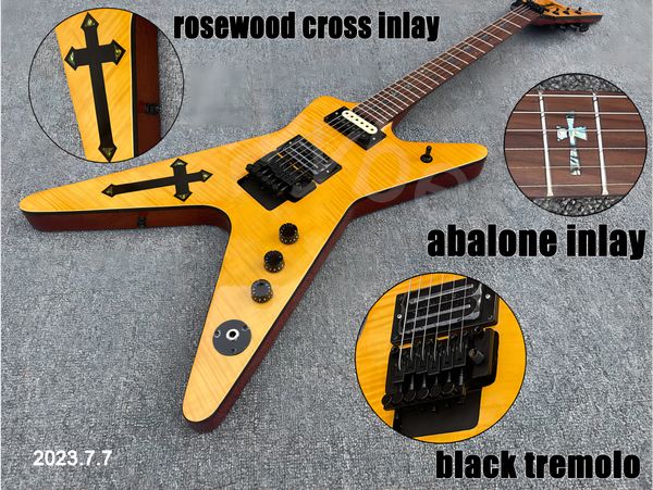 

giutar electric natural color flame cross-inlaid on the upper body, lemon yellow and black parts, remolo abalone inlaid
