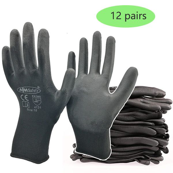 

five fingers gloves 24 pcs/12 pairs black pu nitrile industrial protective safety work glove with nylon cotton knitted coated palm gloves 23, Blue;gray