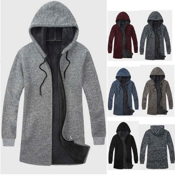 

men's jackets hooded knitted midlength fleece jacket casual trench long velvet outwear 6 colors available 230821, Black;brown