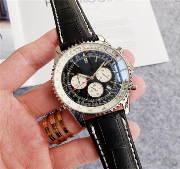 

2022 fashion mens quartz watch chronograph black blue leather strap2305582, Slivery;golden