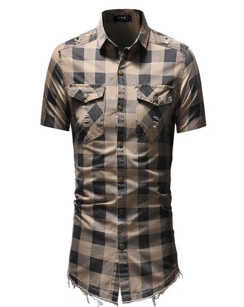 

men plaid shirts short sleeve slim fit turn down collar shirts with pockets 3 colors summer ripped shirt plus size m3xl4002580, White;black