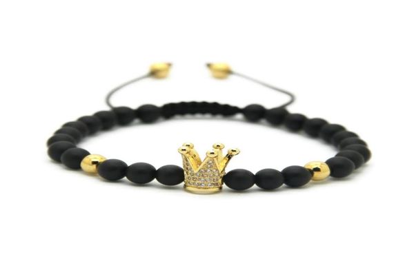 

6mm natural white howlite matte agate stone copper beads gold and silver plated crown braided cz bracelet2534974, Golden;silver
