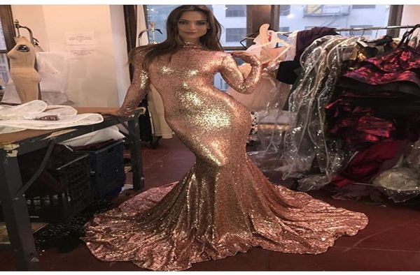 

shiny sequins golden evening dresses high neck with long sleeves mermaid fitted bling bling prom gowns7216687, Black;red