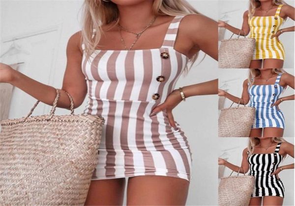 

women striped pencil dress summer backless design button decor dress sleeveless slim package hip mini elegant dresses2848504, Black;gray