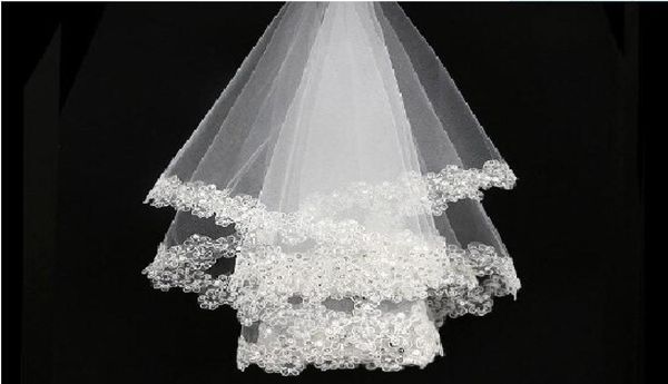 

bridal wedding veils short white ivory bridal veils sequined lace appliques sequin tulle wedding veils7449600, Black