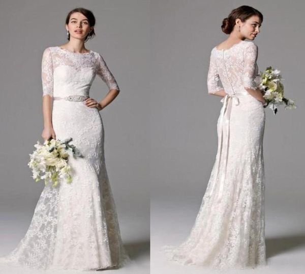 

2019 vintage lace wedding dresses with beaded ribbon buttons back wedding gowns half sleeves dress4651001, White