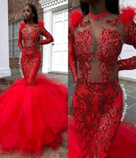

red sequined black girl mermaid prom dresses with feather long sleeves formal arabic evening gowns cocktail party dresses9094933