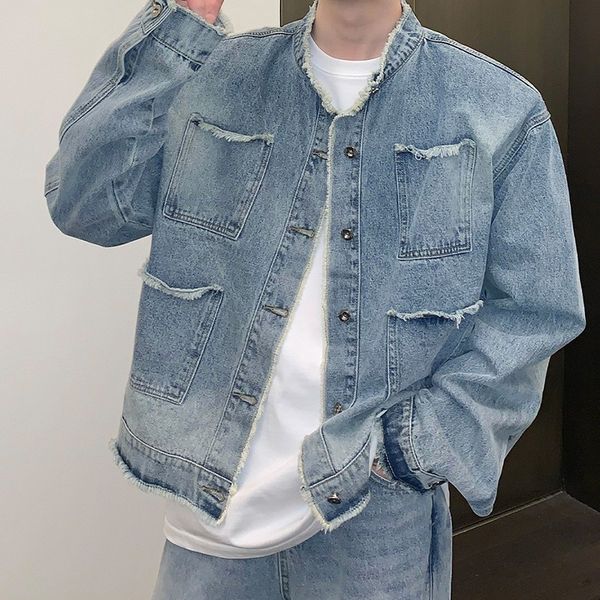 

men's jackets 2023 casual washed denim jacket streetwear ripped stand collar texture korean harajuku retro long sleeve luxury coat 2308, Black;brown
