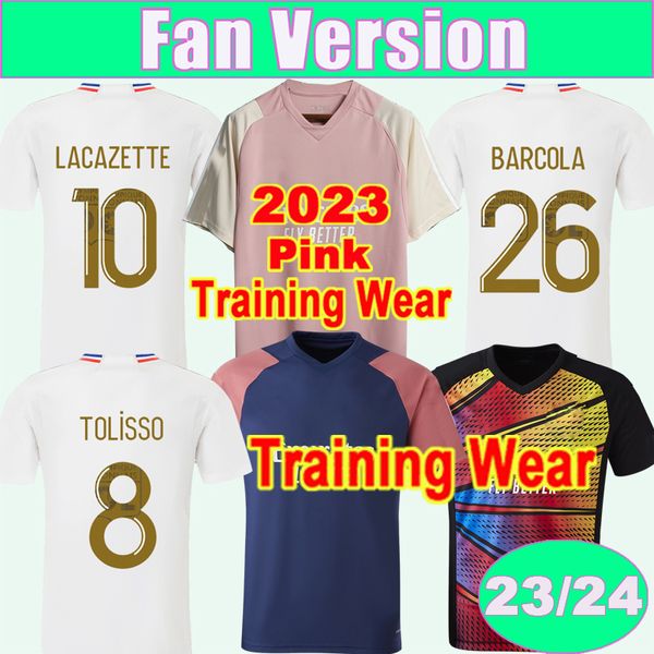 

2023 24 tolisso cherki mens soccer jerseys pink training wear lacazette boateng kumbedi caqueret home white football shirt short sleeve unif, Black;yellow
