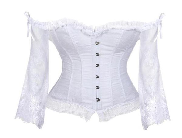 

plus size women steampunk corset blouse long sleeve lace corselet lace up bustiers victorian club wedding party shirts3248138, White