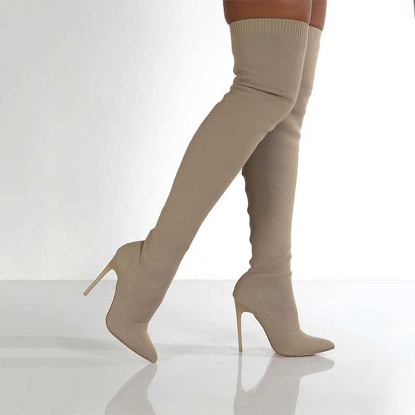 

new pointed fine heel knitted four seasons versatile over knee boots style sleeve ultra high elastic legs fashion 230822, Black