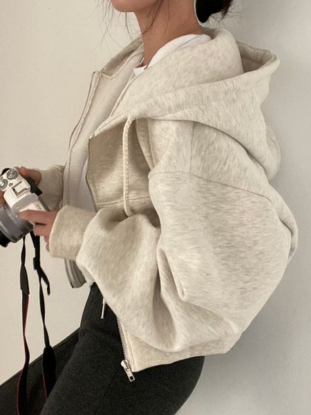 

men's hoodies sweatshirts harajuku zip up hoodie women autumn winter solid color oversized short coats korean style pockets drawstring, Black