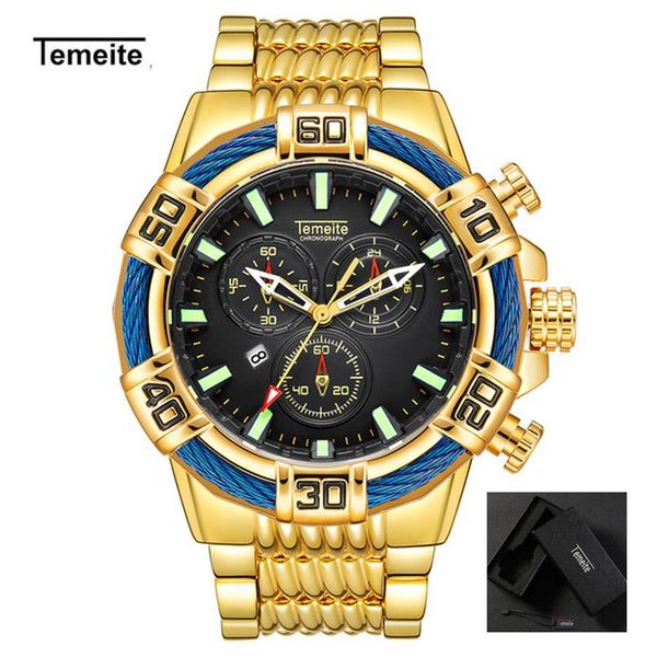 

temeite brand luxury golden men's quartz watches sports watch men waterproof military male gold wristwatch relogio mascul197f, Slivery;brown