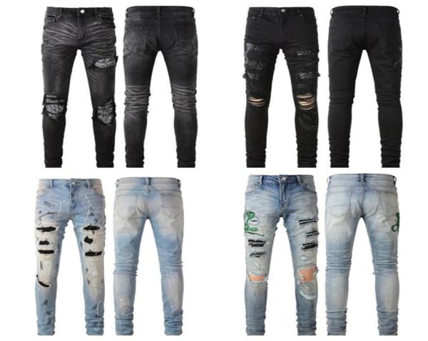 

mens jeans distressed motorcycle biker jean rock skinny slim ripped hole patchwork regular skinny designer high denim black pa7464429, Blue