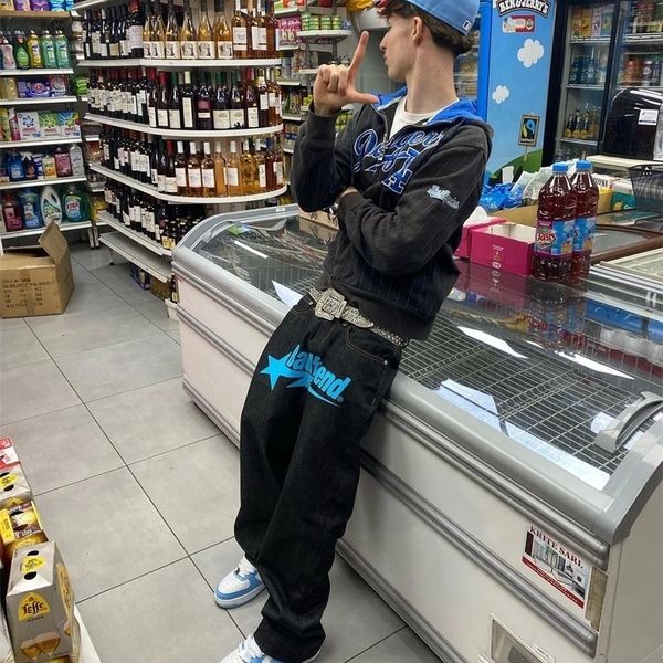 

men's jeans y2k jeans badfriend hip hop letter printed black pants men women fashion casual rock wide foot baggy trouser streetwear 230, Blue
