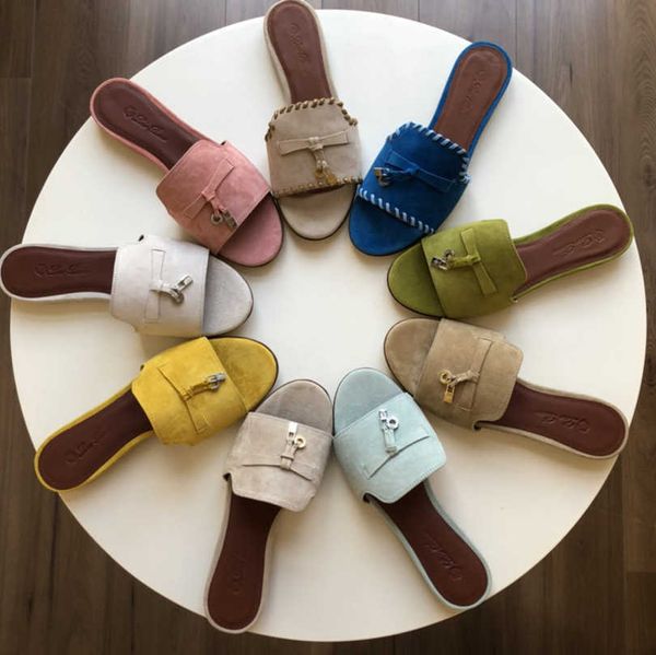 

35-40 lp suede charms sandal mules slipper ostrich slides 2023 2024 genuine leather open toe flat heels women luxury designer flip flops loa, Black