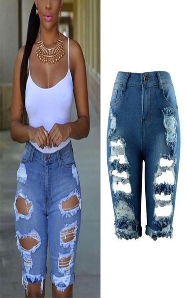 

summer high waist shorts women denim short streetwear ripped jeans hole worn vintage plus size3252920, Blue