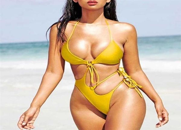 

mossha solid yellow swimwear women halter triangle swimsuit female hollow out extreme monokini high cut bathing suit 2103175063901, White;black