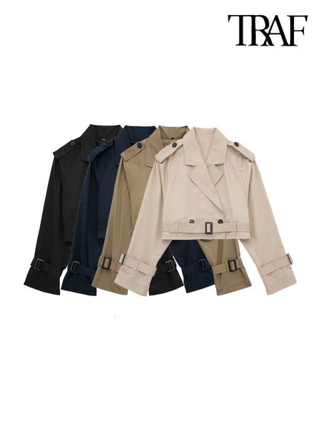 

women's jackets traf women fashion with belt double breasted crop jacket coat vintage lapel collar long sleeve female outerwear chic 2, Black;brown
