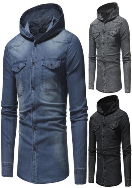 

men039s casual shirts spring wash denim shirt men long sleeve fashion hooded jeans slim fit9472961, White;black
