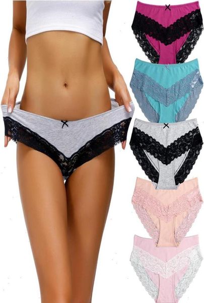 

5pcs set cotton panties womens underwear lace cute bow female underpants briefs solid color soft lingerie sxxl design9634179, Black;pink