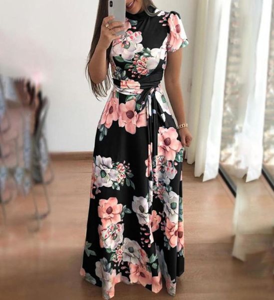

summer autumn dress 2019 casual short sleeve long dress boho floral print maxi turtleneck bandage elegant dresses vestido6189151, Black;gray