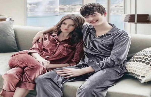 

men039s sleepwear gold velvet couple pajamas suit men solid cardigan casual comfortable winter women pijamas set vintage fashio5084806, Black;brown