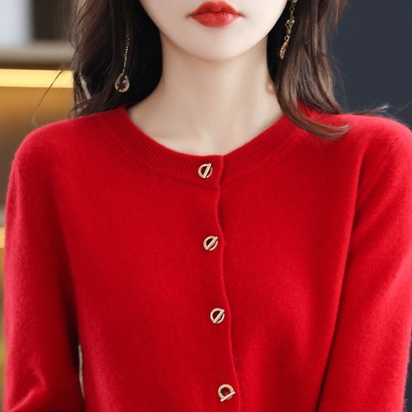 

women's knits tees 2023 spring red wool cardigan short round neck long sleeve sweater coat solid color basic style cashmere knitted ove, White