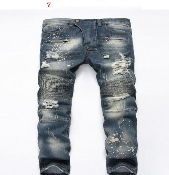 

men distressed ripped jeans fashion designer straight motorcycle biker jeans causal denim pants streetwear style mens jeans cool1711794, Blue