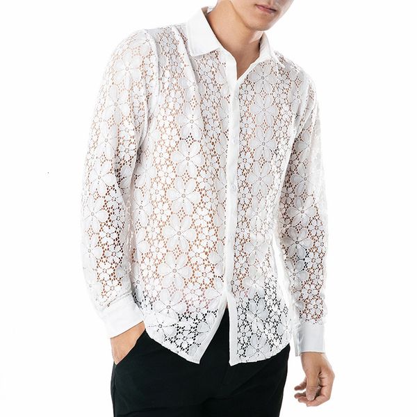 

men's casual shirts lace transparent hollow out mens long sleeved lapel shirt fashion nightclub stage costumes clothing streetwear for, White;black