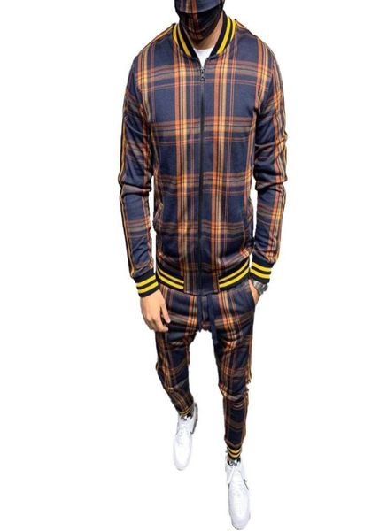 

casual plaid mens tracksuits long sleeve jacket jogger sets xxxl plus size mens two piece sets1369895, Gray