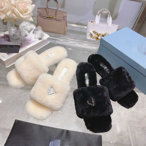 

100+ designers fur shearling slippers logo sandal high heels pumps women platform heel dress shoes triangle buckle 6.5cm heeled plush furry, Black