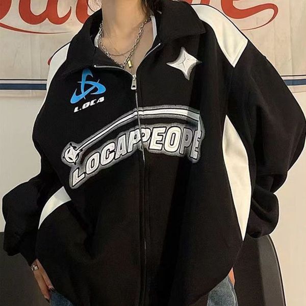 

men's hoodies sweatshirts women american retro y2k jacket oversized harajuku letter print zipper streetwear female vintage street hip h, Black
