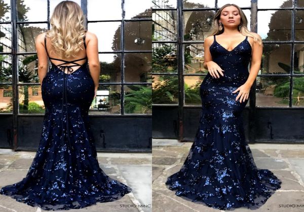 

deep v neck sequined navy blue prom dresses 2019 halter spaghetti straps mermaid long evening gowns backless party dress ba91644020199, Black