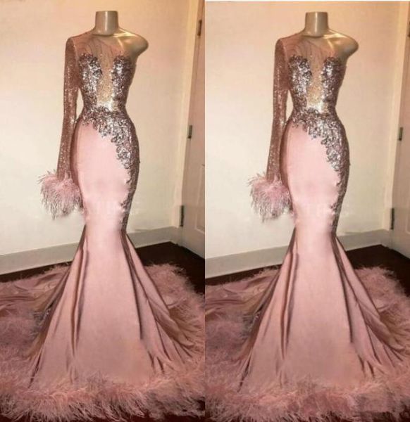 

glitter sequin prom dress long sleeve mermaid pink black girl with feathers train one shoulder african formal evening gowns vestid7319319