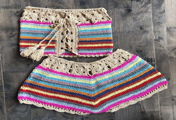 

colorful stripes bathing suit biquini womens crochet knit bikini set swimwear crop shorts handmade 20201572546, White;black