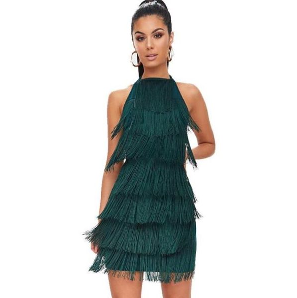 

women tassel detail halterneck bodycon dress sleeveless backless summer for night club going out dresses vestido casual6448041, Black;gray