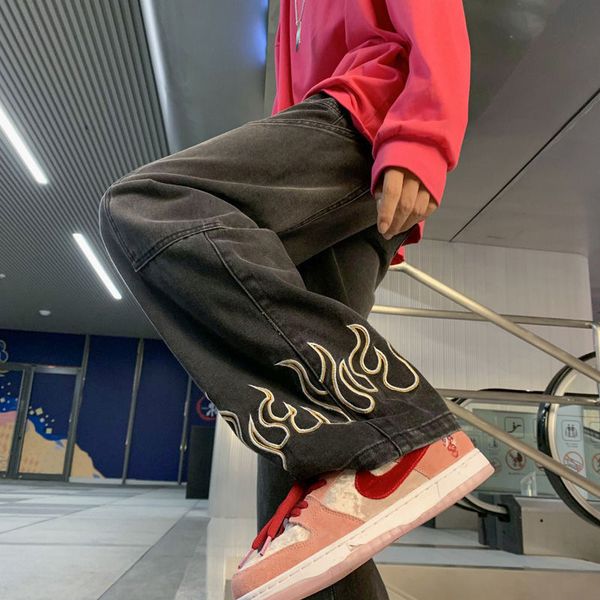 

men's jeans american retro street jeans men's design sense flame embroidery straight casual pants trend couple loose wide-leg trou, Blue