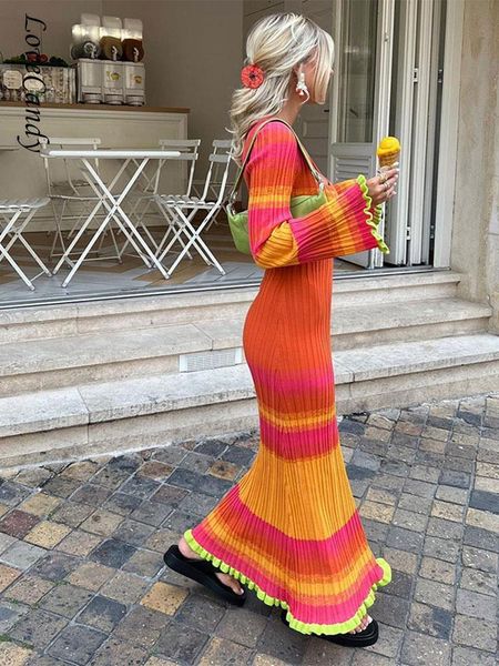 

basic casual dresses fashion square neck contrast slim long knitted dress flare full sleeves elegant maxi vacation club y2k vestidos 230821, Black;gray