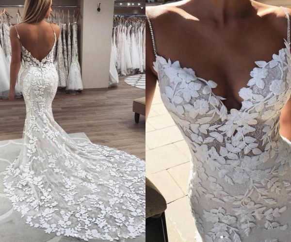 

fabulous lace appliqued mermaid wedding dresses spaghetti straps open back bridal gowns vintage court train arabic aso ebi ve5150637, White