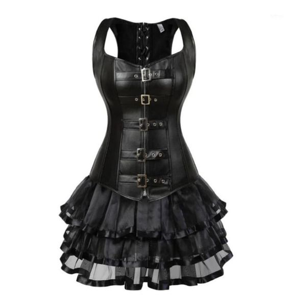 

steampunk lace up back waist trainer body shaper buckle bustier overbust corset dress faux leather corsets mini skirt tutu plus bu7016744, Black;white