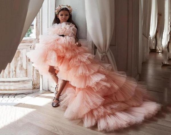 

2021 new blush pink tulle girls pageant dresses strapless princess high low tiered ruffles kids flower girls dress birthday 8498372, White;red