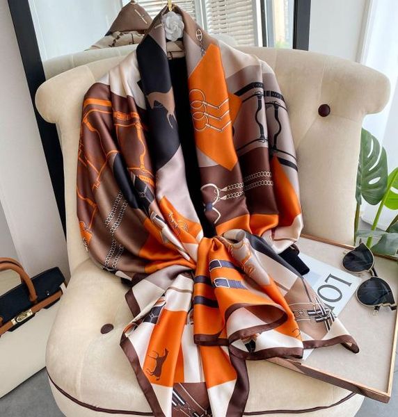

2022 silk scarf women039s fashion long scarf versatile spring autumn satin imitation silk shawl printed scarf6220665, Red;brown
