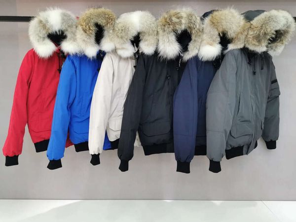 

designer canadian men and women outdoor warm windproof fashion coat long sleeve down jacket wolf fur collar goose duck down size xs-xxl, Black