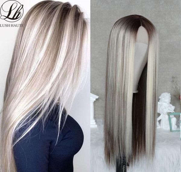 

ash blonde straight lace wig highlight wig ombre blonde synthetic hair wig middlet part lace wigs for women long straight hairfact1758100, Black