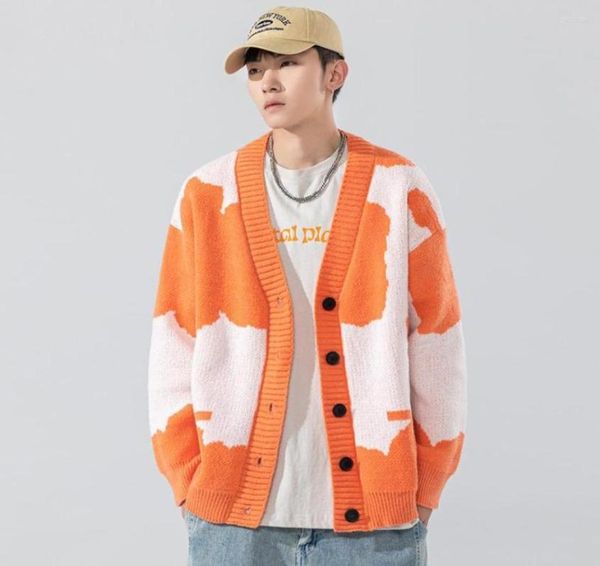 

men039s sweaters autumn knitted sweater jacket men hip hop streetwear cow pattern harajuku vneck pullover button cardigan jump9983348, White;black