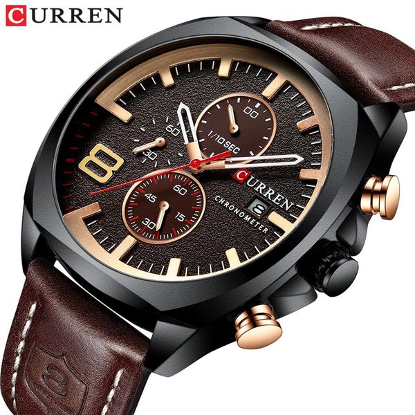 

men watches brand curren luxury leather strap sport quartz chronograph military watch men clock waterproof relogio masculino234m, Slivery;brown
