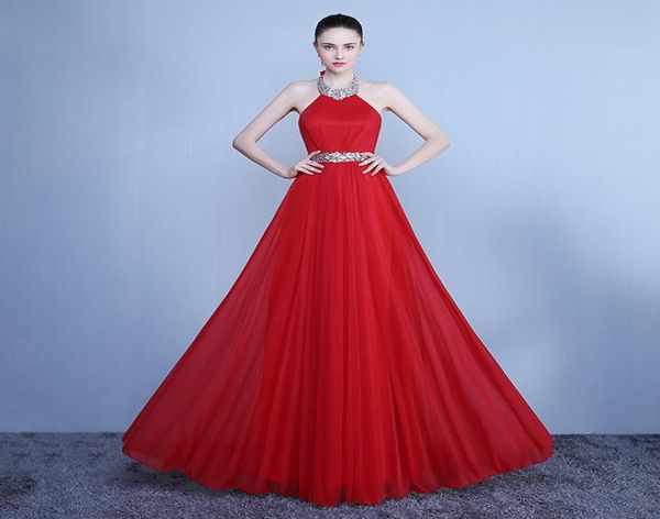 

halter neck tulle a line evening dresses 2019 burgundy red beaded crystal prom dresses long evening gowns6418216, Black;red